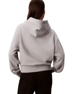 Calvin Klein Women Long Sleeve Premium Terry Emblem Logo Hoodie in Grey