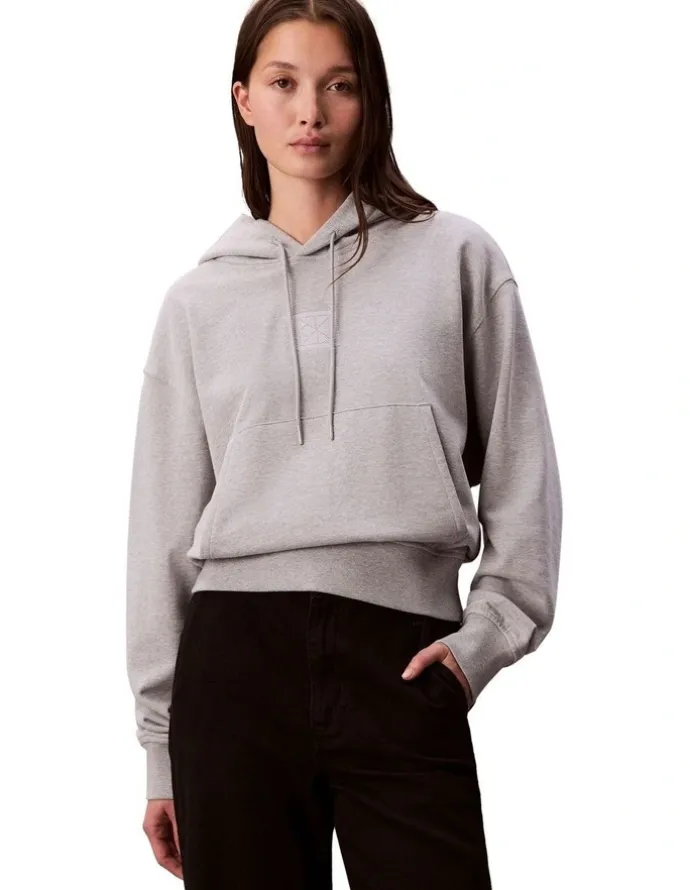 Calvin Klein Women Long Sleeve Premium Terry Emblem Logo Hoodie in Grey