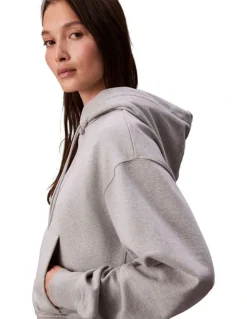 Calvin Klein Women Long Sleeve Premium Terry Emblem Logo Hoodie in Grey