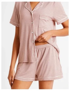 Chloe & Lola Comfort Short Sleeve Short PJ Set in Terracotta Y/D Stripe