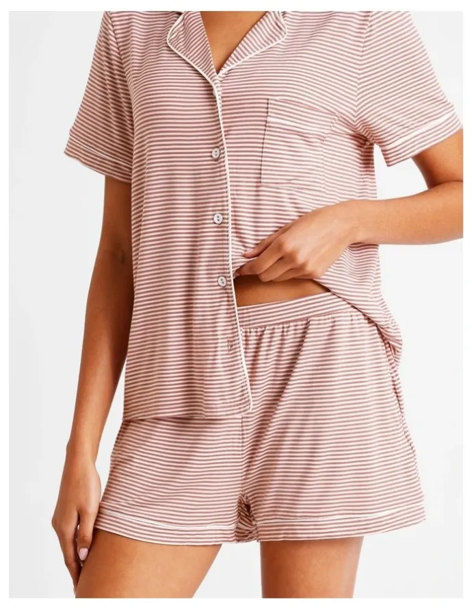 Chloe & Lola Comfort Short Sleeve Short PJ Set in Terracotta Y/D Stripe