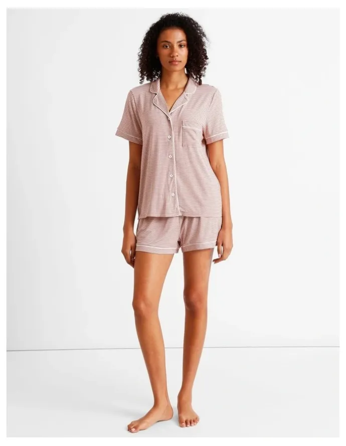 Chloe & Lola Comfort Short Sleeve Short PJ Set in Terracotta Y/D Stripe