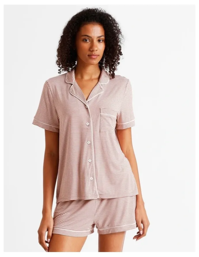 Chloe & Lola Comfort Short Sleeve Short PJ Set in Terracotta Y/D Stripe