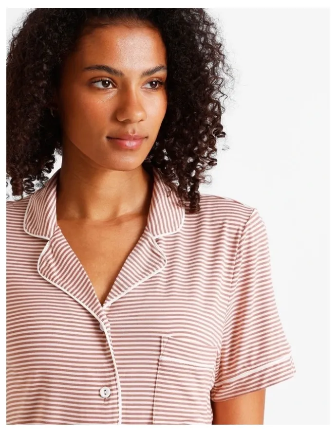 Chloe & Lola Comfort Short Sleeve Short PJ Set in Terracotta Y/D Stripe