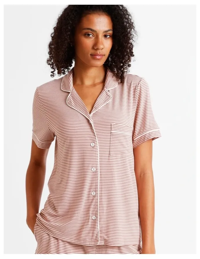 Chloe & Lola Comfort Short Sleeve Short PJ Set in Terracotta Y/D Stripe