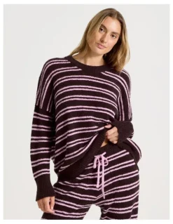 Chloe & Lola Cosy Boucle Crew Long Sleeve Top in Burnt Fig Stripe