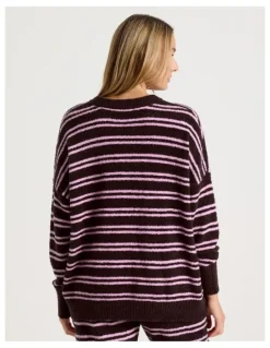 Chloe & Lola Cosy Boucle Crew Long Sleeve Top in Burnt Fig Stripe