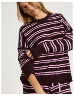 Chloe & Lola Cosy Boucle Crew Long Sleeve Top in Burnt Fig Stripe