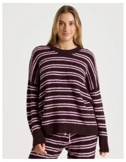 Chloe & Lola Cosy Boucle Crew Long Sleeve Top in Burnt Fig Stripe