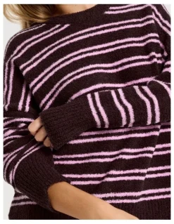 Chloe & Lola Cosy Boucle Crew Long Sleeve Top in Burnt Fig Stripe