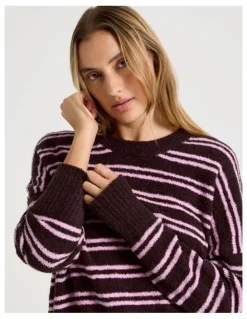 Chloe & Lola Cosy Boucle Crew Long Sleeve Top in Burnt Fig Stripe