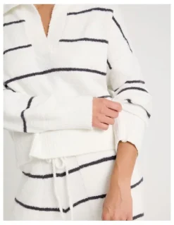 Chloe & Lola Cosy Boucle Open V-Collar Long Sleeve Top in Ivory Y/D Stripe