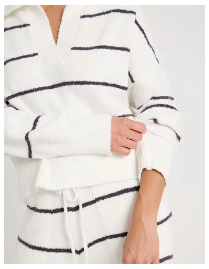 Chloe & Lola Cosy Boucle Open V-Collar Long Sleeve Top in Ivory Y/D Stripe