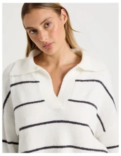 Chloe & Lola Cosy Boucle Open V-Collar Long Sleeve Top in Ivory Y/D Stripe