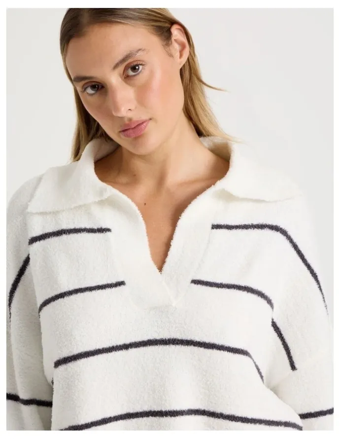 Chloe & Lola Cosy Boucle Open V-Collar Long Sleeve Top in Ivory Y/D Stripe