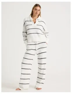 Chloe & Lola Cosy Boucle Open V-Collar Long Sleeve Top in Ivory Y/D Stripe
