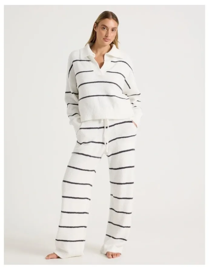 Chloe & Lola Cosy Boucle Open V-Collar Long Sleeve Top in Ivory Y/D Stripe