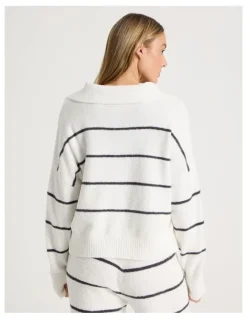Chloe & Lola Cosy Boucle Open V-Collar Long Sleeve Top in Ivory Y/D Stripe