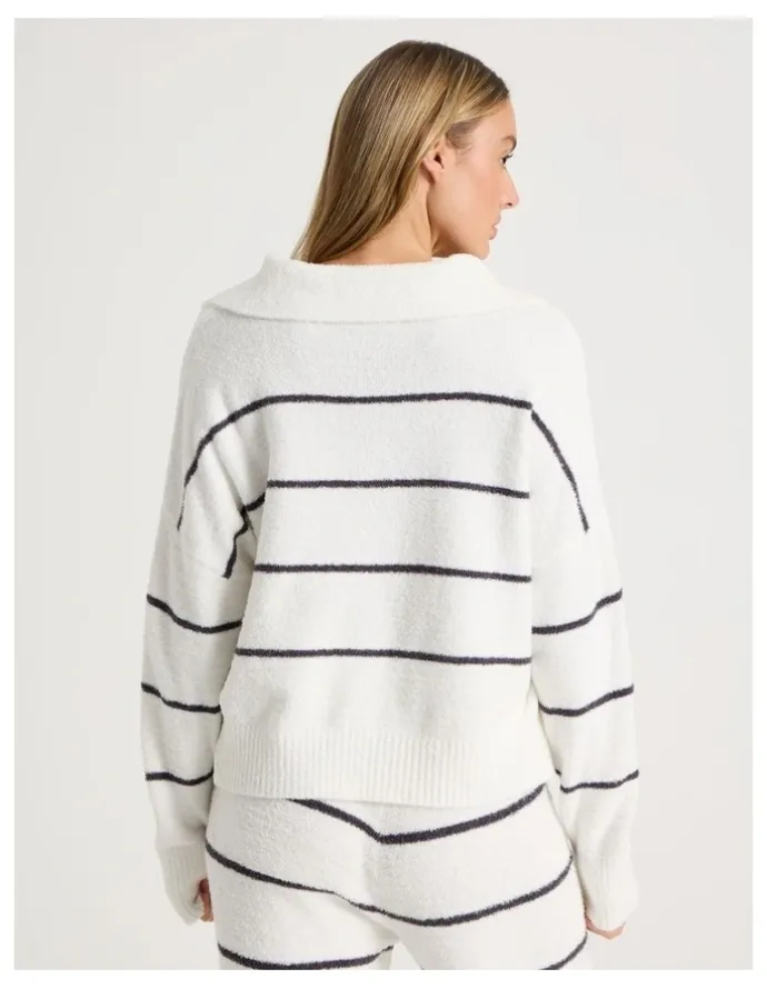 Chloe & Lola Cosy Boucle Open V-Collar Long Sleeve Top in Ivory Y/D Stripe