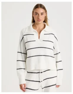 Chloe & Lola Cosy Boucle Open V-Collar Long Sleeve Top in Ivory Y/D Stripe