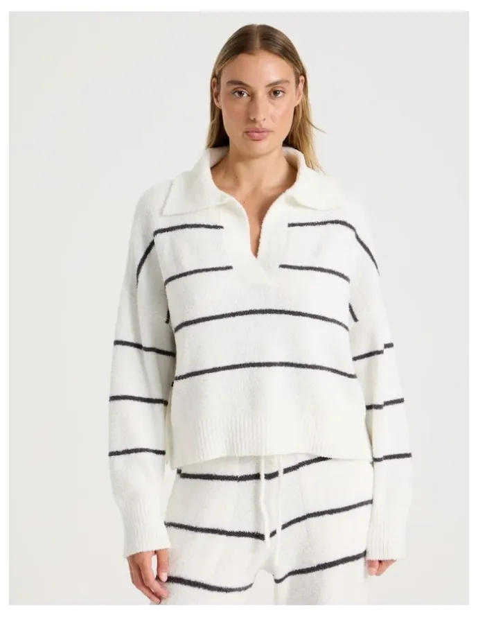 Chloe & Lola Cosy Boucle Open V-Collar Long Sleeve Top in Ivory Y/D Stripe