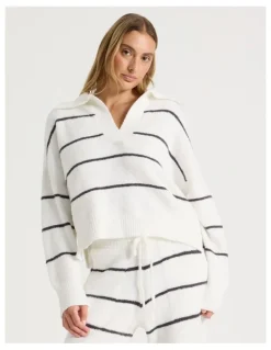 Chloe & Lola Cosy Boucle Open V-Collar Long Sleeve Top in Ivory Y/D Stripe