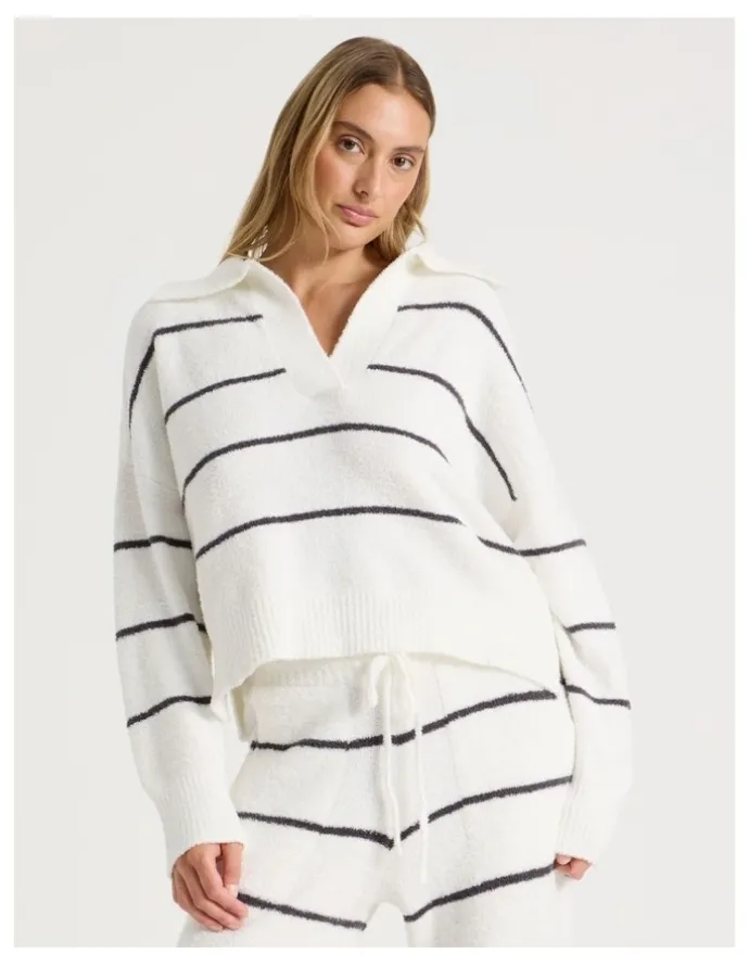 Chloe & Lola Cosy Boucle Open V-Collar Long Sleeve Top in Ivory Y/D Stripe