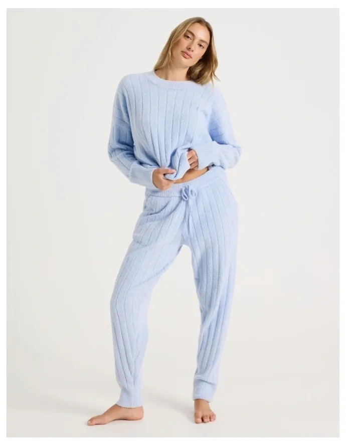 Chloe & Lola Cosy Boucle Wide Rib Crew Long Sleeve Top in Soft Blue