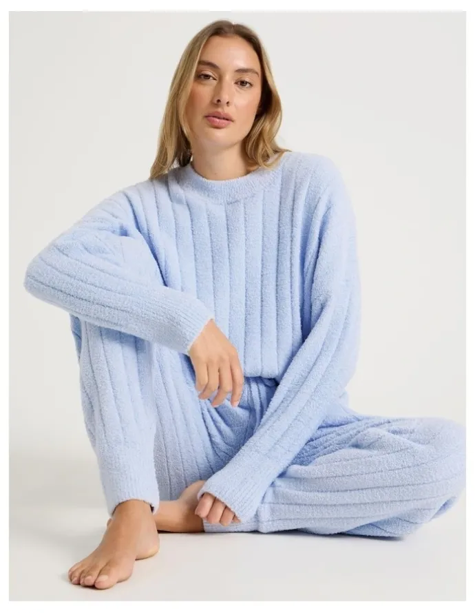 Chloe & Lola Cosy Boucle Wide Rib Crew Long Sleeve Top in Soft Blue