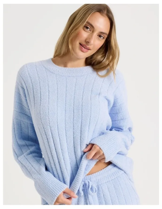 Chloe & Lola Cosy Boucle Wide Rib Crew Long Sleeve Top in Soft Blue