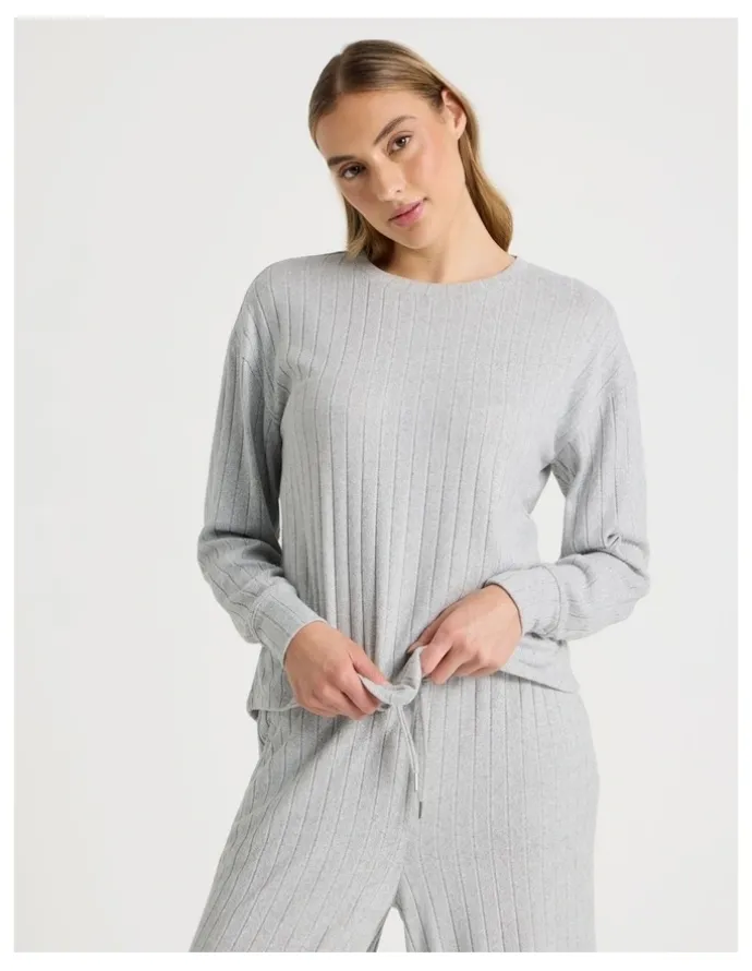 Chloe & Lola Cosy Rib Crew Long Sleeve Top in Grey Marle