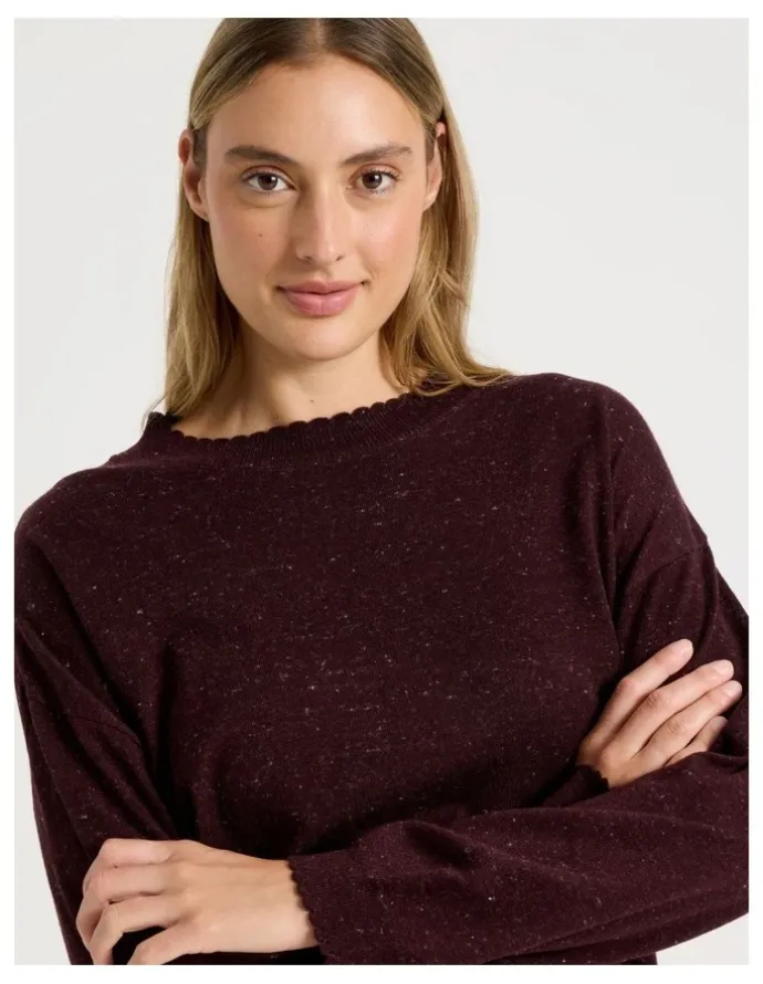 Chloe & Lola Cosy Scallop Edge Knit Long Sleeve Top in Burnt Fudge Marle