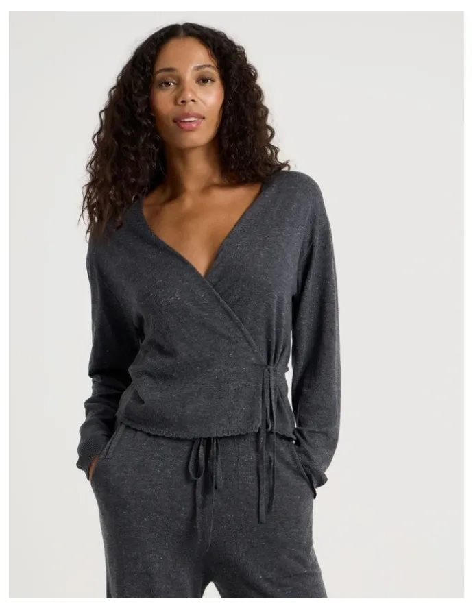 Chloe & Lola Cosy Scallop Edge Knit Wrap Top in Charcoal Marle