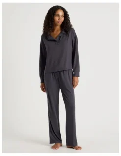 Chloe & Lola Cosy Supersoft Open V Neck Sleep Top in Charcoal