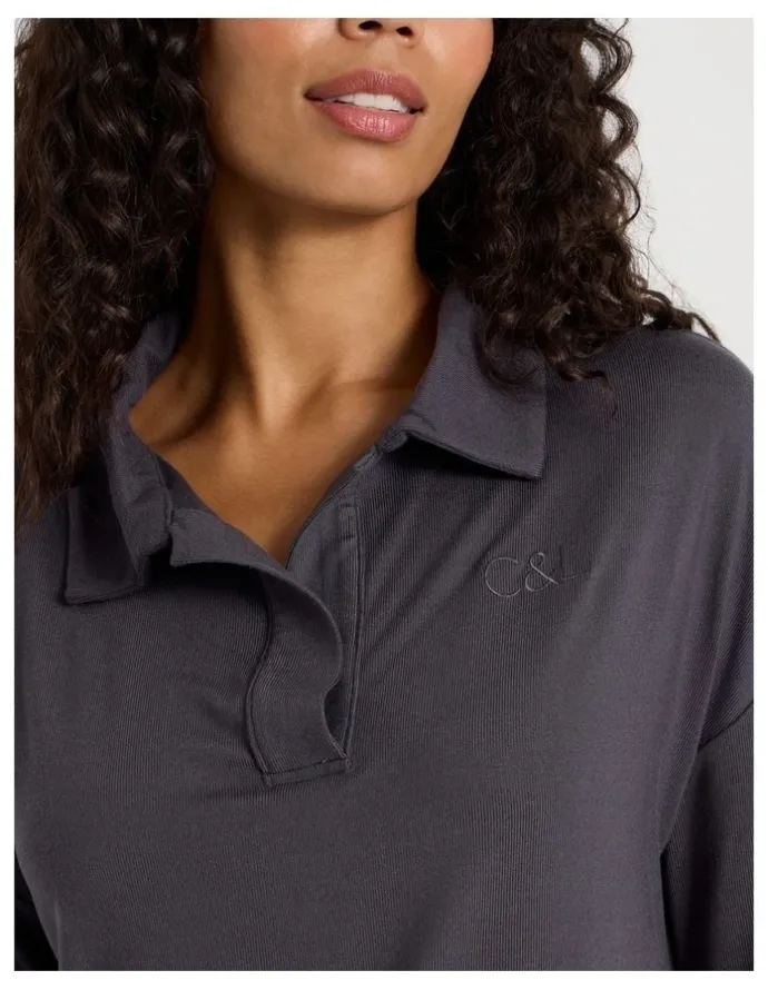 Chloe & Lola Cosy Supersoft Open V Neck Sleep Top in Charcoal