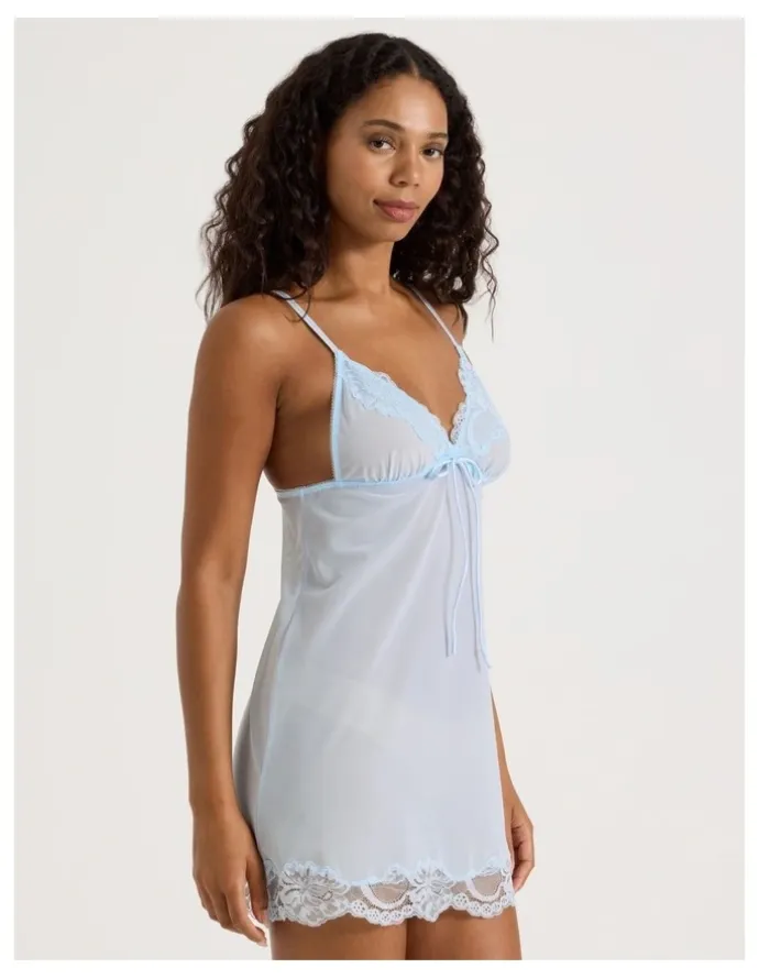 Chloe & Lola Delicate Lace Chemise in Light Blue