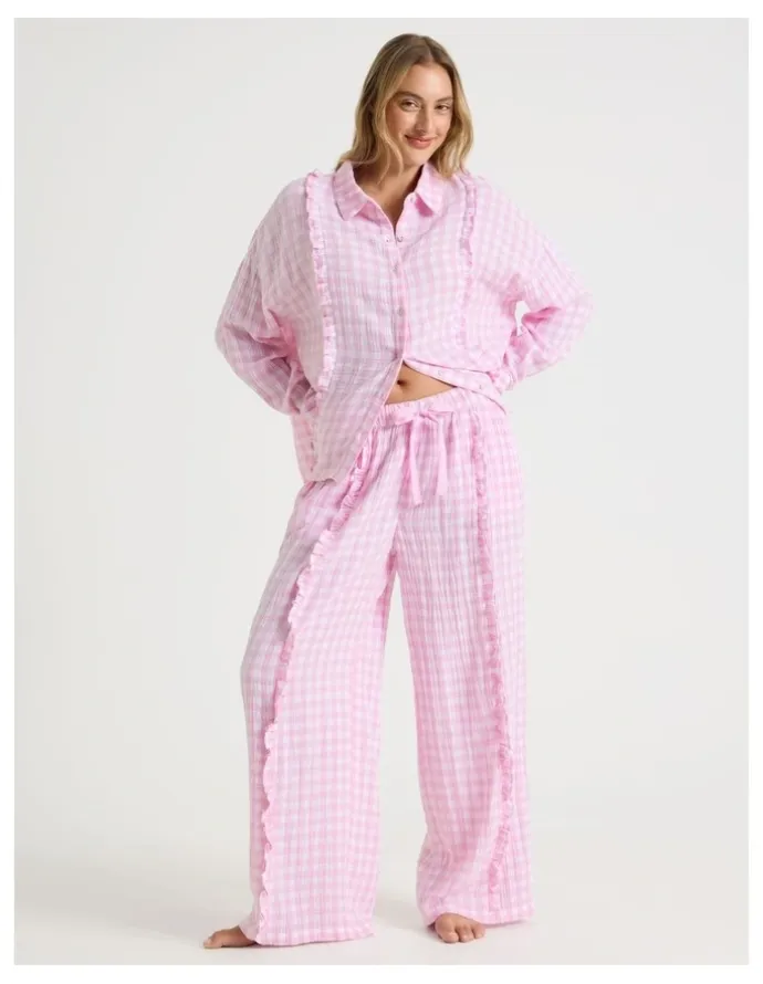 Chloe & Lola Divine Cheesecloth Frill Long Sleeve Long PJ Set in Fairy Floss Gingam Gingham Print