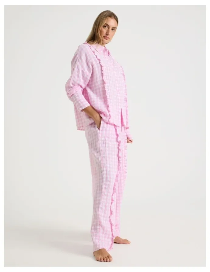 Chloe & Lola Divine Cheesecloth Frill Long Sleeve Long PJ Set in Fairy Floss Gingam Gingham Print