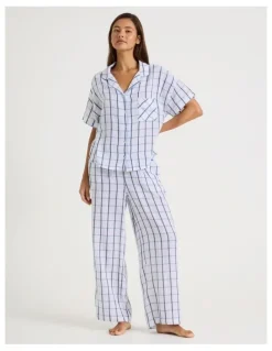 Chloe & Lola Divine Cheesecloth Short Sleeve Long Pyjama Set in White Window Check Y/D Print