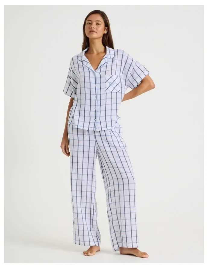 Chloe & Lola Divine Cheesecloth Short Sleeve Long Pyjama Set in White Window Check Y/D Print