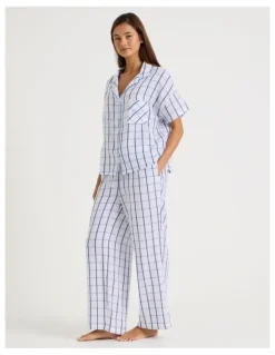 Chloe & Lola Divine Cheesecloth Short Sleeve Long Pyjama Set in White Window Check Y/D Print