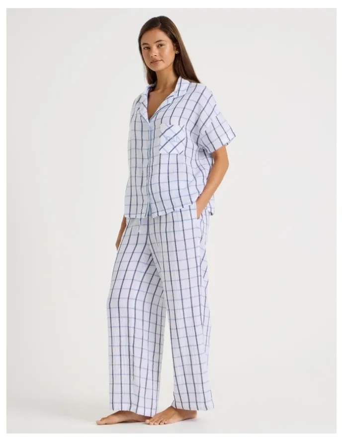 Chloe & Lola Divine Cheesecloth Short Sleeve Long Pyjama Set in White Window Check Y/D Print