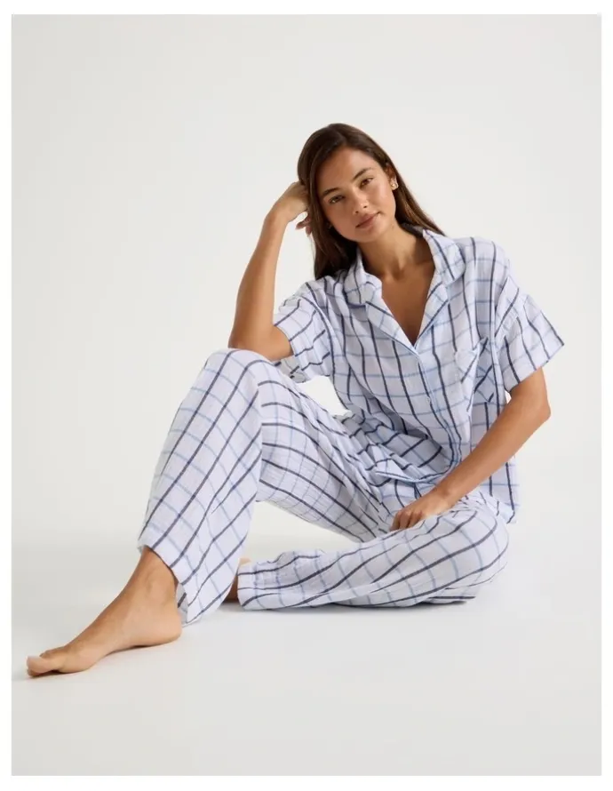 Chloe & Lola Divine Cheesecloth Short Sleeve Long Pyjama Set in White Window Check Y/D Print