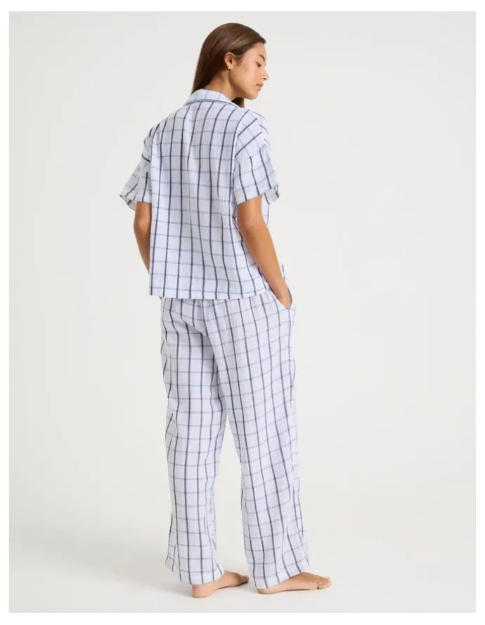 Chloe & Lola Divine Cheesecloth Short Sleeve Long Pyjama Set in White Window Check Y/D Print