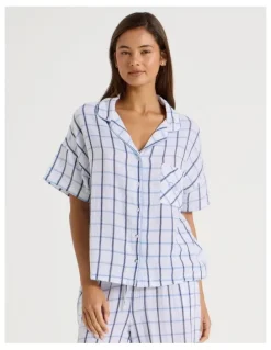 Chloe & Lola Divine Cheesecloth Short Sleeve Long Pyjama Set in White Window Check Y/D Print