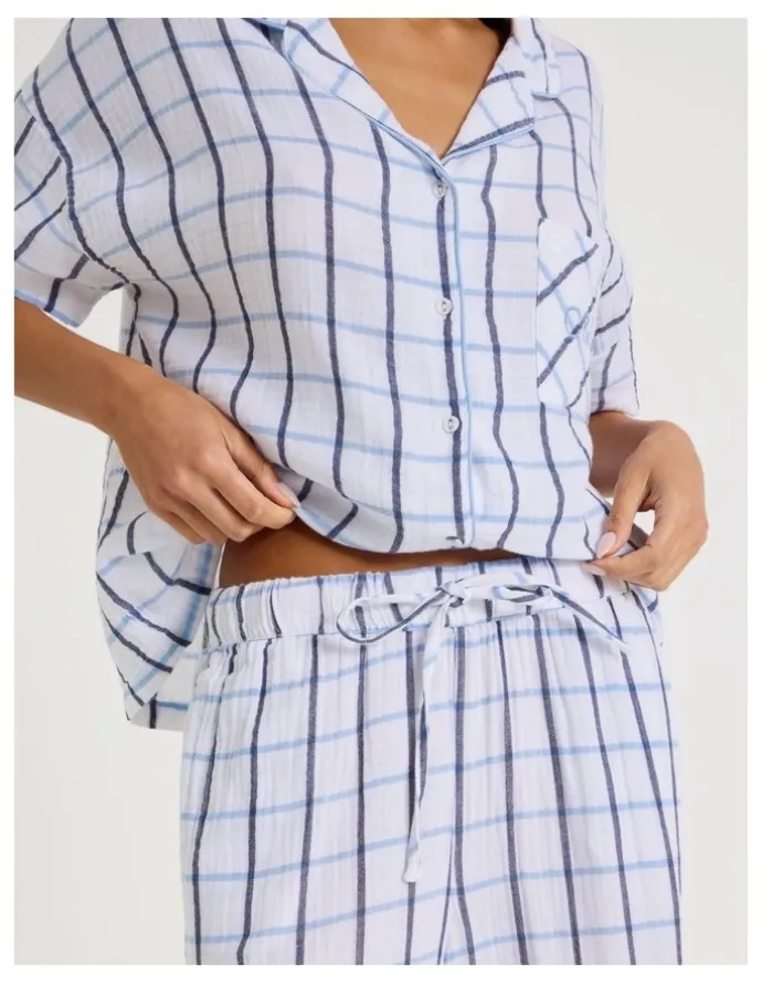 Chloe & Lola Divine Cheesecloth Short Sleeve Long Pyjama Set in White Window Check Y/D Print