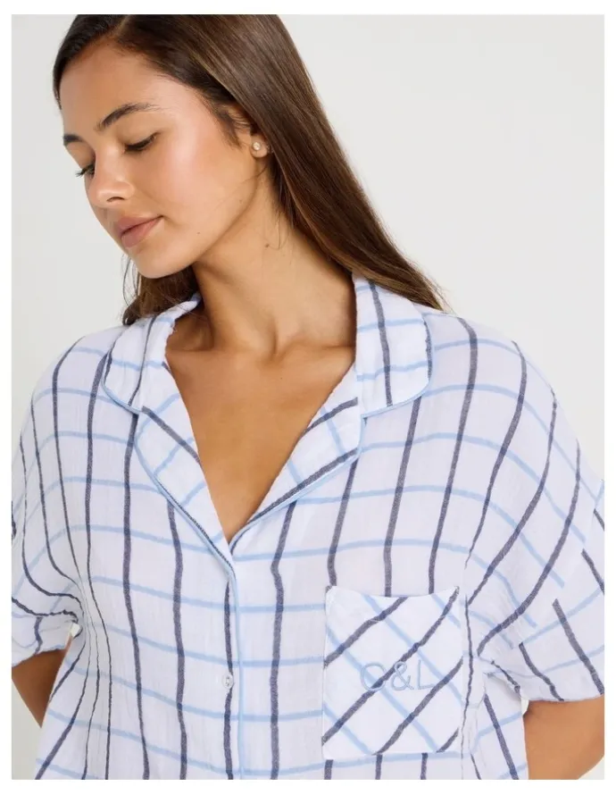 Chloe & Lola Divine Cheesecloth Short Sleeve Long Pyjama Set in White Window Check Y/D Print