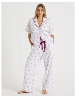 Chloe & Lola Divine Cheesecloth Short Sleeve Long PJ Set in Embroidered Floral Print