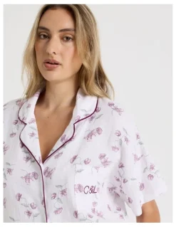Chloe & Lola Divine Cheesecloth Short Sleeve Long PJ Set in Embroidered Floral Print