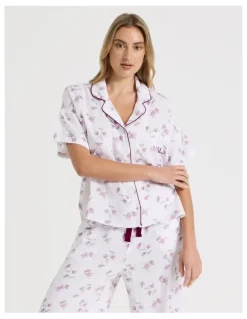 Chloe & Lola Divine Cheesecloth Short Sleeve Long PJ Set in Embroidered Floral Print